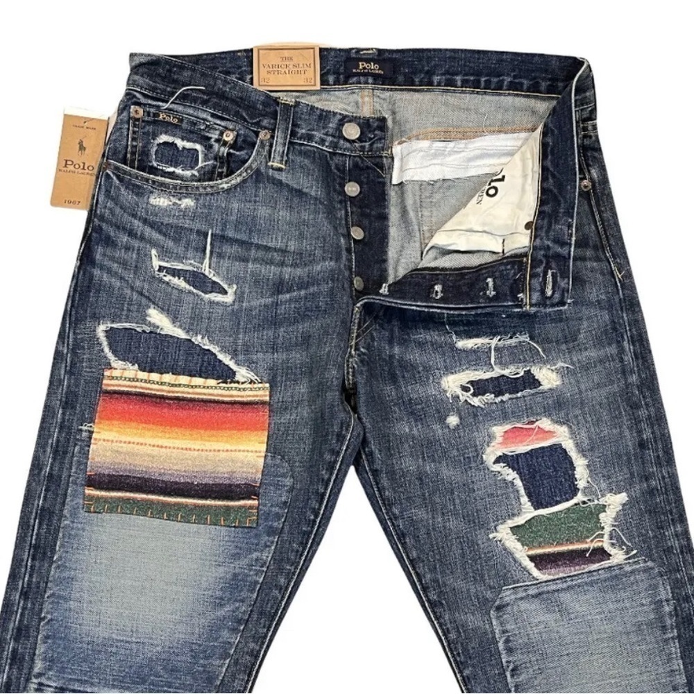 Polo Ralph Lauren Varick Slim Straight Serape Patch Distressed Denim Pants 34 30 - Picture 2 of 10